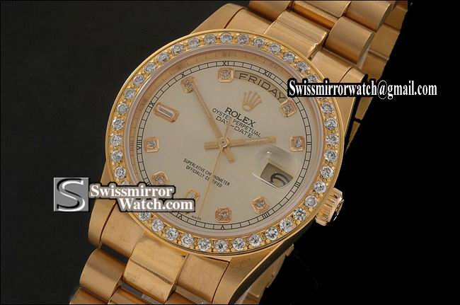 Rolex Day-Date Full Gold Cream Dial Diamond Markers Diam Bez Eta 2836-2 Replica Watches