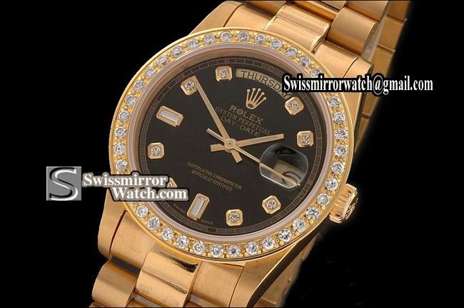 Rolex Day-Date Full Gold Black Dial Diamond Markers Diam Bez Eta 2836-2 Replica Watches