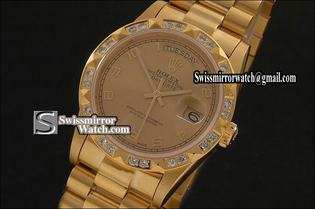 Rolex Day-Date Full Gold Gold Dial Num Markers Diam Bez Eta 2836-2 Replica Watches