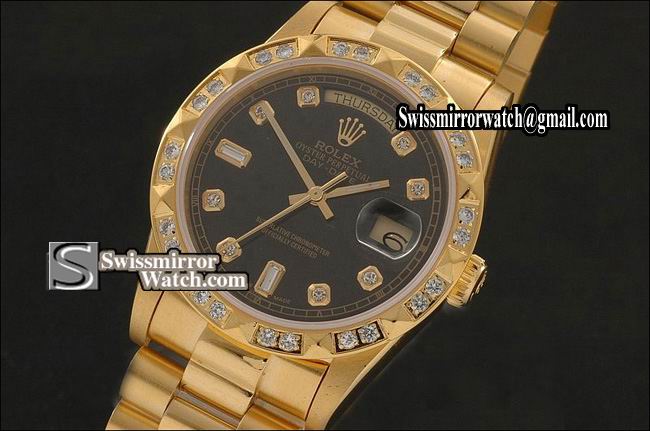 Rolex Day-Date Full Gold Black Dial Diam Markers/Bez Eta 2836-2 Replica Watches
