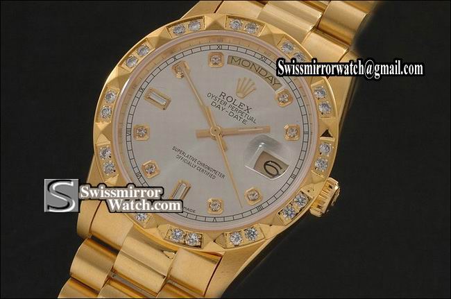 Rolex Day-Date Full Gold Silver Dial Diam Markers/Bez Eta 2836-2 Replica Watches