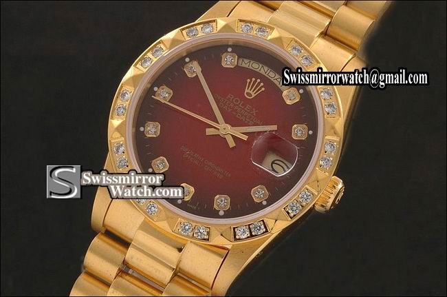 Rolex Day-Date Full Gold Burnt Red Dial Diam Markers/Bez Eta 2836-2 Replica Watches