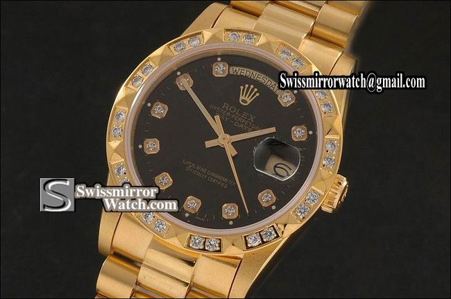 Rolex Day-Date Full Gold Black Dial Diam Markers/Bez Eta 2836-2 Replica Watches