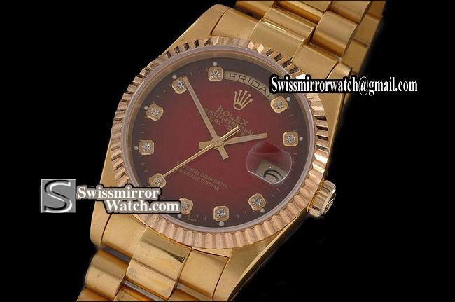 Rolex Day-Date Full Gold Maroon Dial Diamond Markers Swiss Eta 2836-2 Replica Watches