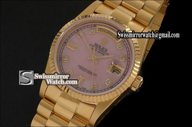Rolex Day-Date Full Gold Pink Dial Diamond Markers Swiss Eta 2836-2 Replica Watches