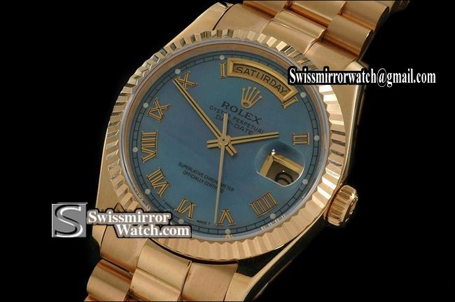 Rolex Day-Date Full Gold MOP Sky Blue Dial Roman Markers Eta 2836-2 Replica Watches