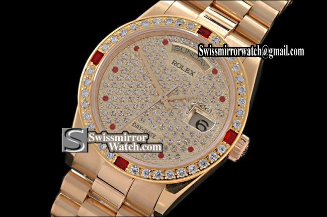 Rolex Day-Date Full Gold Diamonds Dial Diam Bez/Ruby Eta 2836-2 Replica Watches
