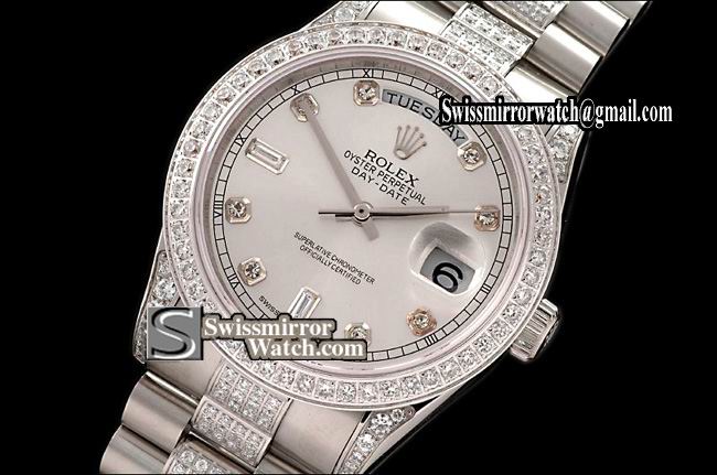Rolex Day-Date SS Pres Diam Bez/Markers/Bracelet Silver Eta 2836-2 Replica Watches
