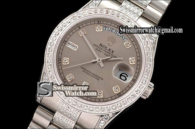 Rolex Day-Date SS Pres Diam Bez/Markers/Bracelet Grey Eta 2836-2 Replica Watches