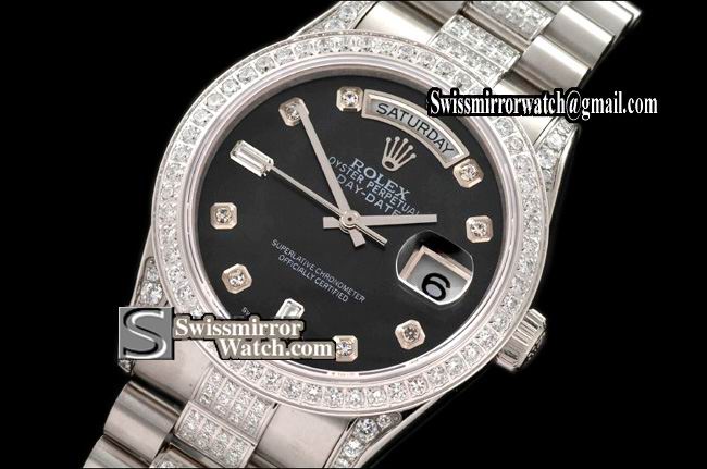 Rolex Day-Date SS Pres Diam Bez/Markers/Bracelet P-Black Eta 2836-2 Replica Watches