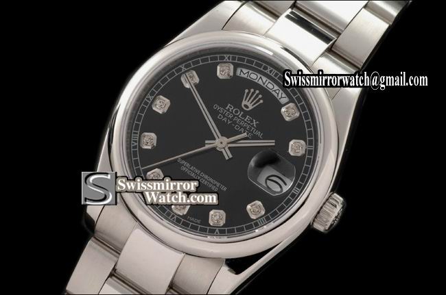 Rolex Day-Date SS Osyter President Black Diamonds Swiss Eta 2836-2 Replica Watches
