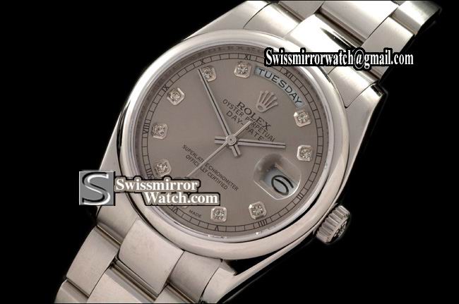 Rolex Day-Date SS Osyter President Grey Diamonds Swiss Eta 2836-2 Replica Watches