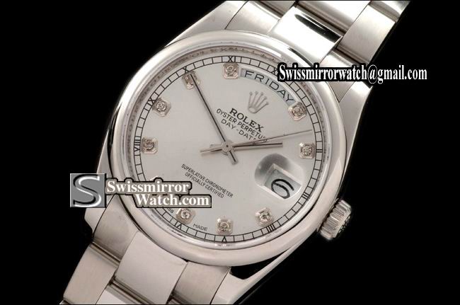 Rolex Day-Date SS Osyter President Silver Diamonds Swiss Eta 2836-2 Replica Watches