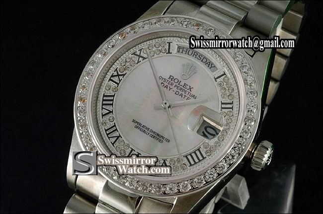 Rolex Day-Date SS, MOP White Diamond Dial Roman Markers Dia Bez Replica Watches