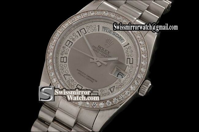 Rolex Day-Date SS Full Diamonds Grey Dial/Bezel Swiss Eta 2836-2 Replica Watches