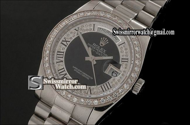 Rolex Day-Date SS Full Diamonds Black Dial/Bezel Swiss Eta 2836-2 Replica Watches