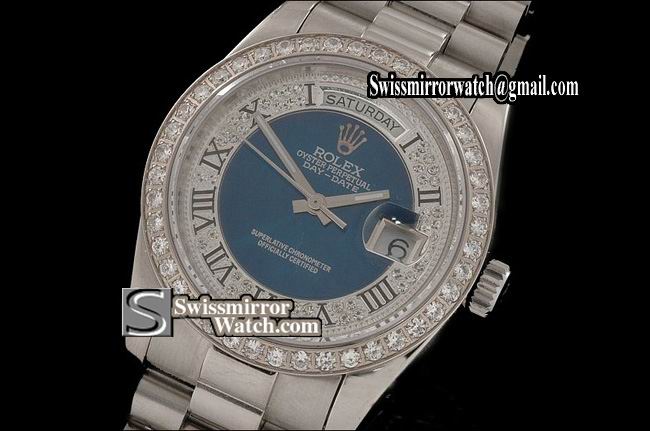 Rolex Day-Date SS Full Diamonds Blue Dial/Bezel Swiss Eta 2836-2 Replica Watches