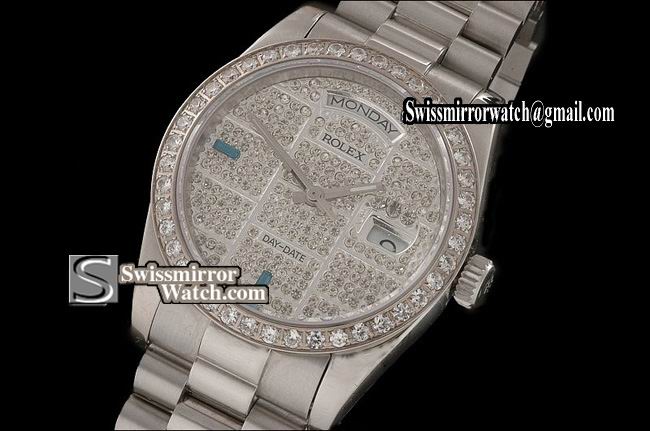 Rolex Day-Date SS Full Diamonds Dial/Bezel Ruby Markers Eta 2836-2 Replica Watches