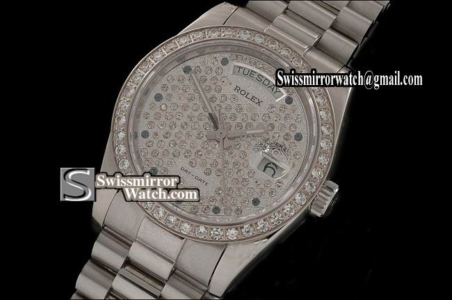 Rolex Day-Date SS Full Diamonds Dial/Bezel Ruby Markers Eta 2836-2 Replica Watches
