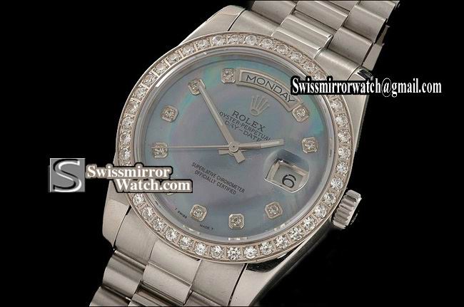 Rolex Day-Date SS MOP Blue Diamonds Markers/Bezel Swiss Eta 2836-2 Replica Watches