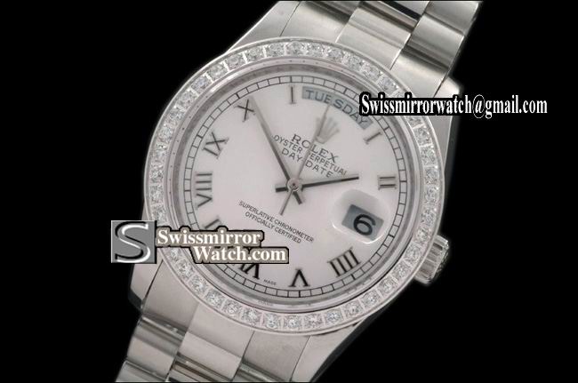 Rolex Day-Date SS White Dial Roman Markers/Bezel Swiss Eta 2836-2 Replica Watches