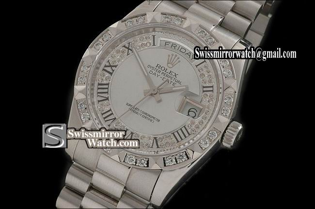 Rolex Day-Date SS Diam/Wht Dial Roman Markers/ Diam Bezel Eta 2836-2 Replica Watches