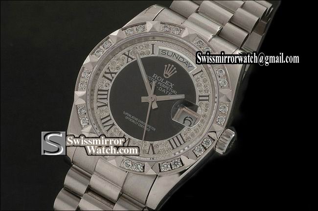 Rolex Day-Date SS Diam/Blk Dial Roman Markers/ Diam Bezel Eta 2836-2 Replica Watches