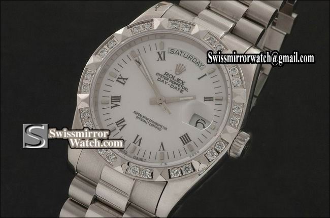 Rolex Day-Date SS White Dial Black Roman Markers/ Diam Bezel Eta 2836-2 Replica Watches