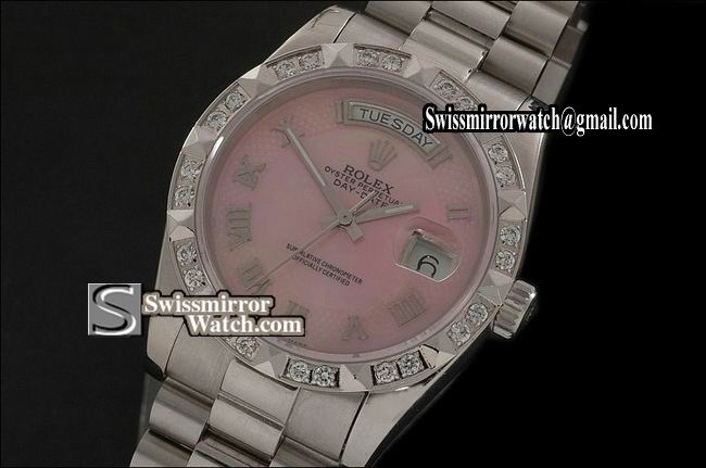 Rolex Day-Date SS MOP Pink Dial Roman Markers/ Diam Bezel Eta 2836-2 Replica Watches