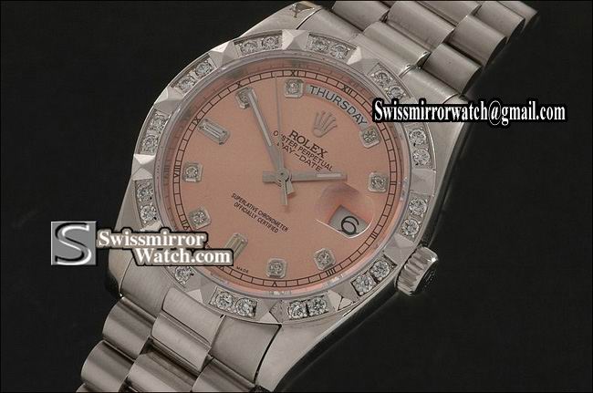 Rolex Day-Date SS Salmon Dial Diamond Markers/ Diam Bezel Eta 2836-2 Replica Watches