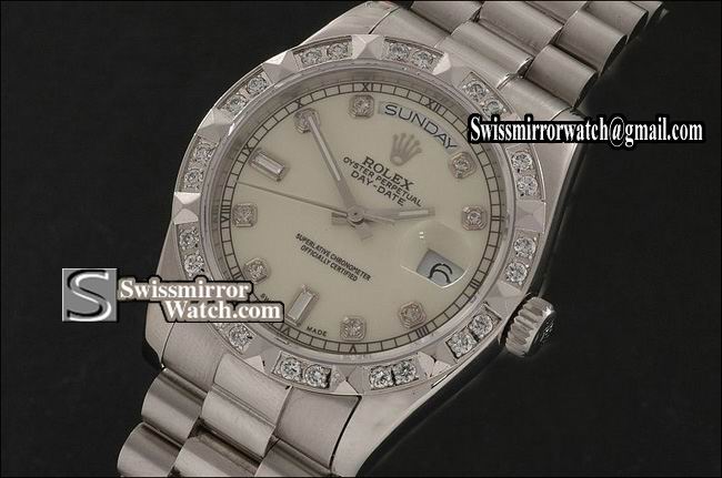 Rolex Day-Date SS Cream Dial Diamond Markers/ Diam Bezel Eta 2836-2 Replica Watches
