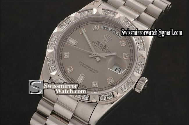 Rolex Day-Date SS Grey Dial Diamond Markers/ Diam Bezel Eta 2836-2 Replica Watches